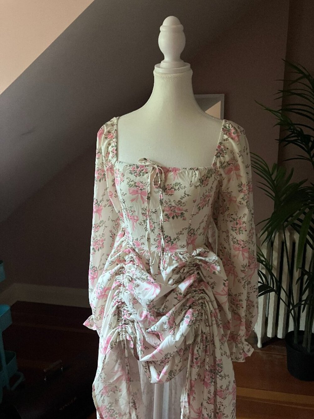 Pink floral long puffy sleeve ruched dress adjustable skirt princess long maxi